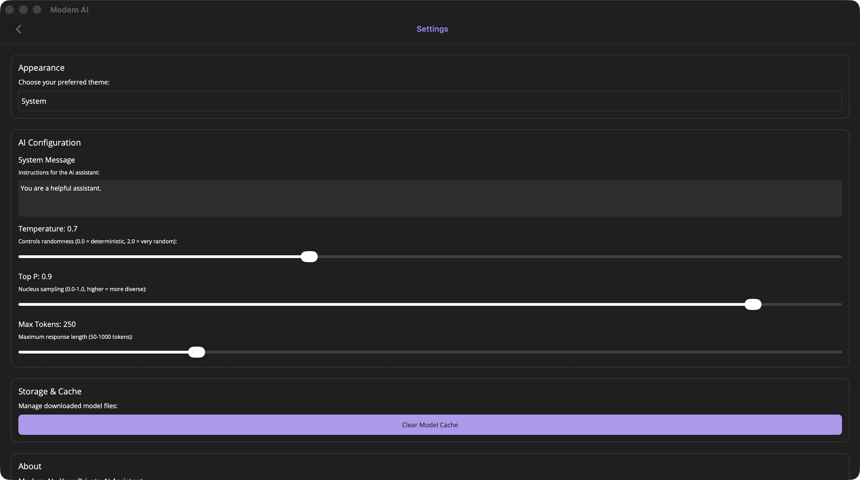 Modem AI Settings Page