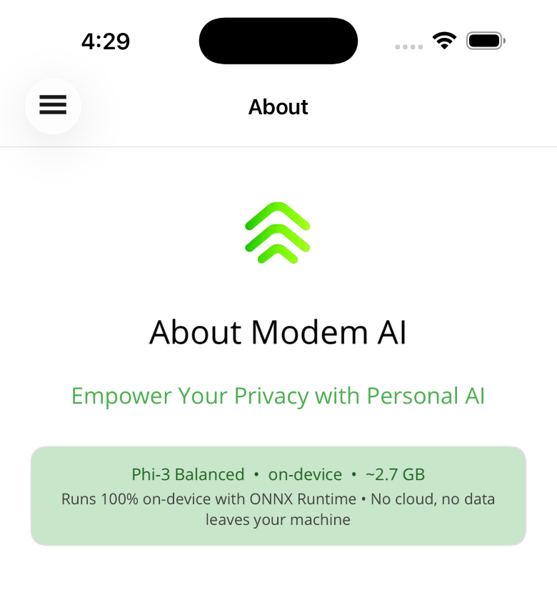 Modem AI on iPhone. The About screen reads Empower Your Privacy with Personal AI, and notes that Phi-3 Balanced runs on-device.