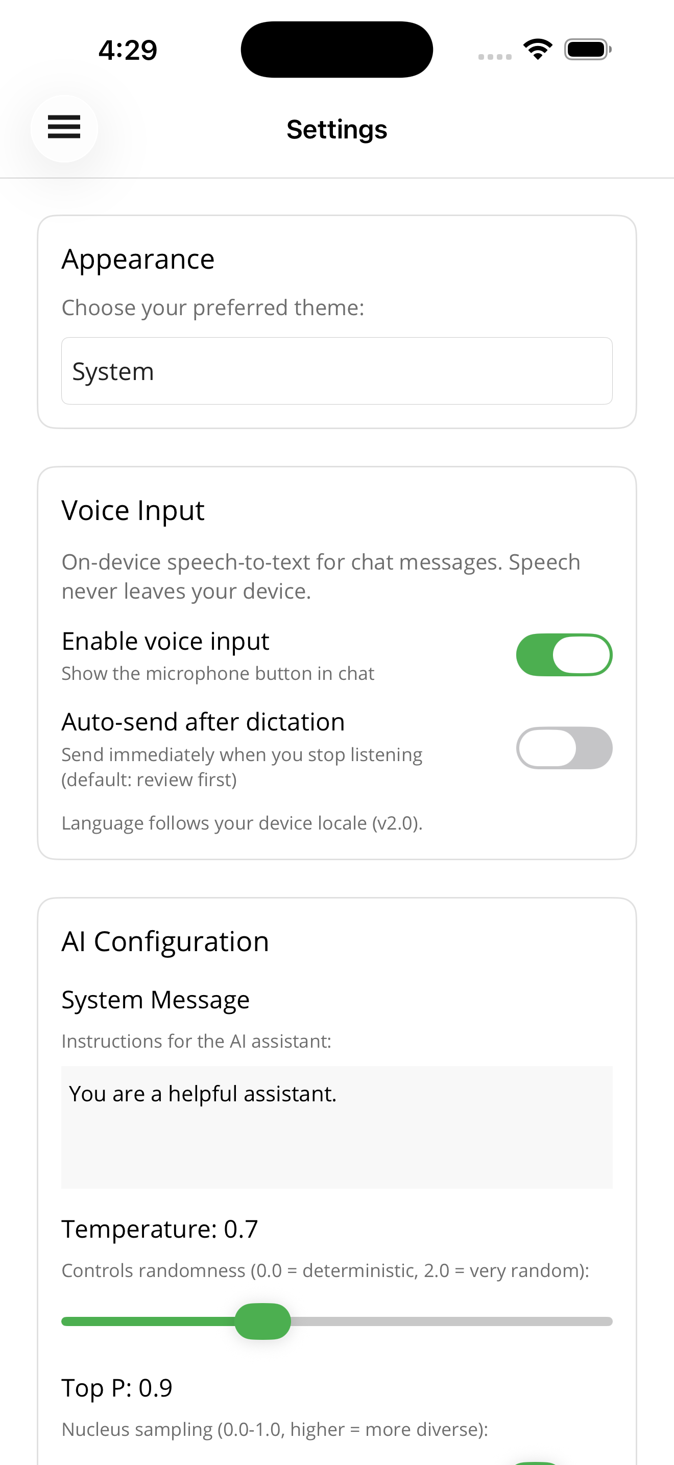 Modem AI settings on iPhone, with voice input enabled and temperature and top-p sliders.