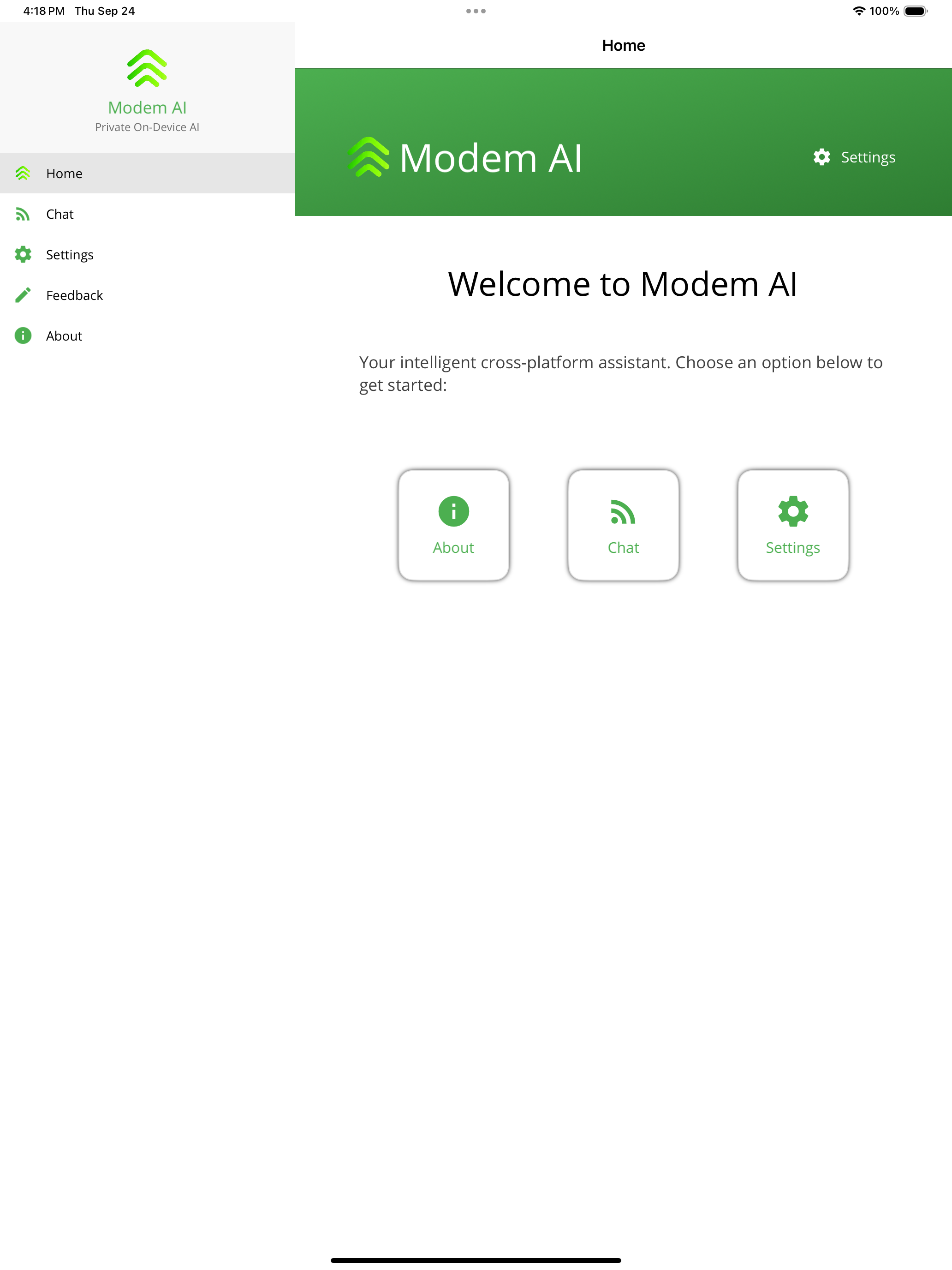 Modem AI on iPad, with a sidebar for Home, Chat, Settings, Feedback, and About.