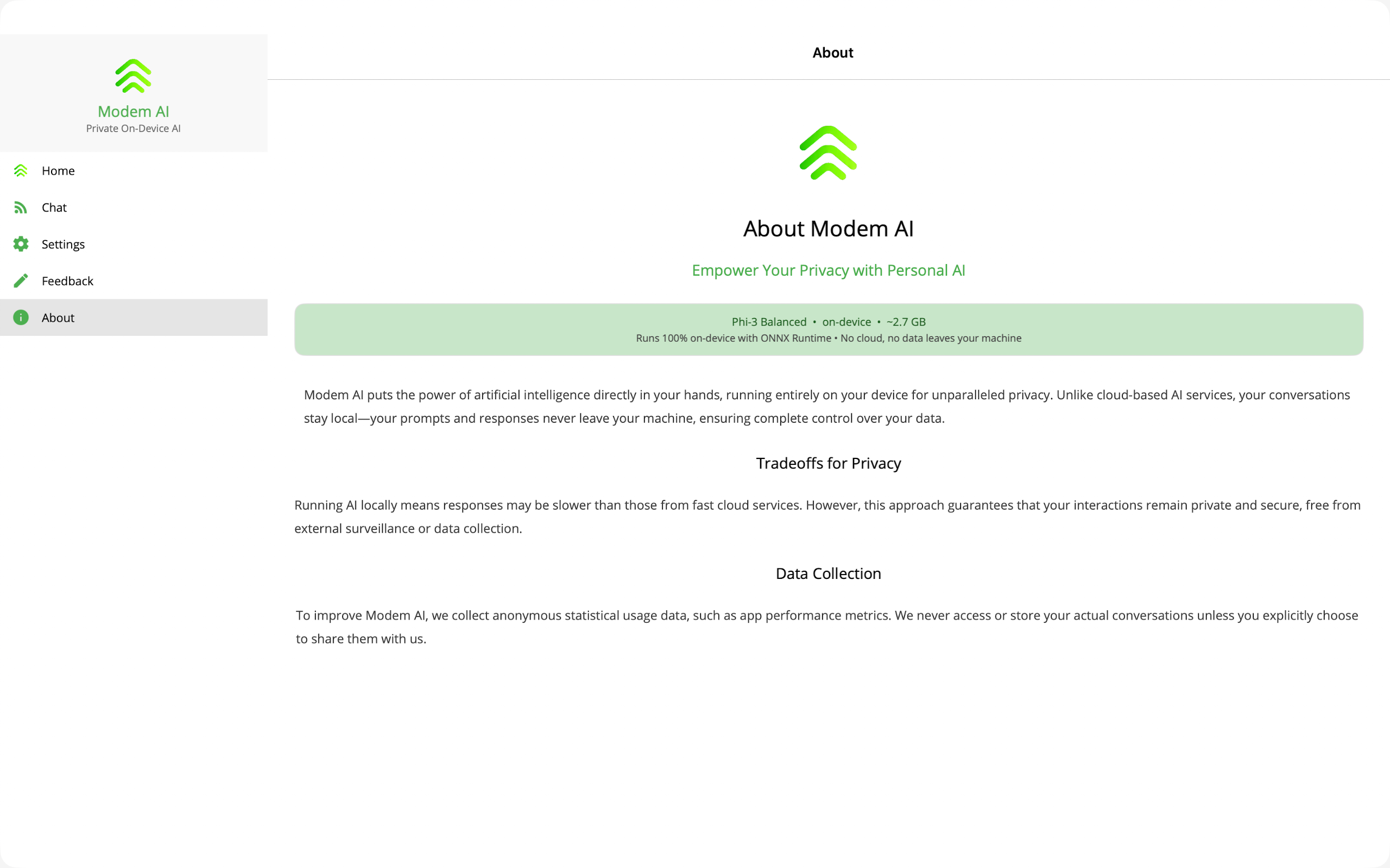 Modem AI About screen on Mac. Empower Your Privacy with Personal AI, and a note that the model runs on-device.