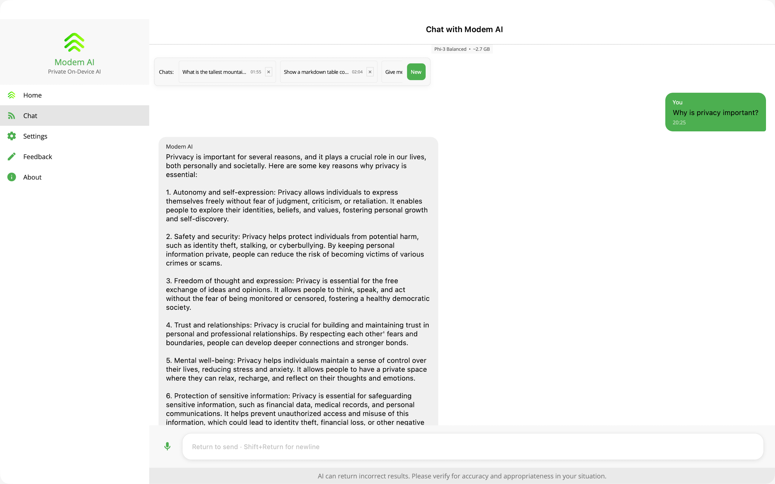 Modem AI chat on Mac, with conversation tabs, a green reply bubble, and the on-device model named in the header.