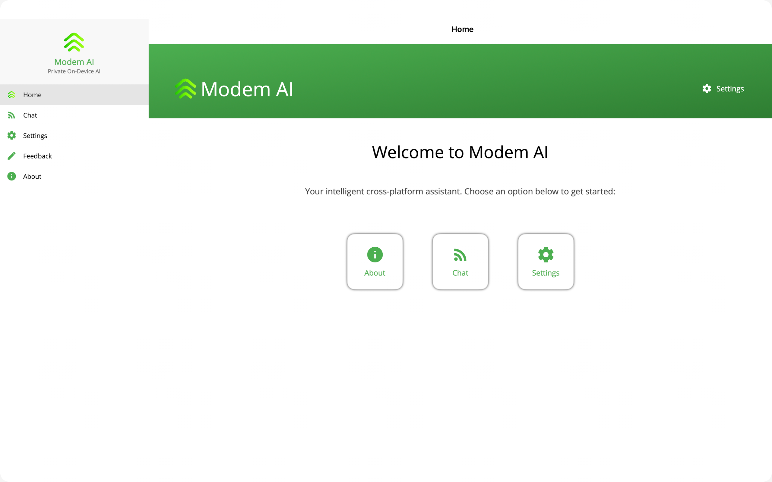 Modem AI on Mac. A green welcome header, and cards for About, Chat, and Settings.
